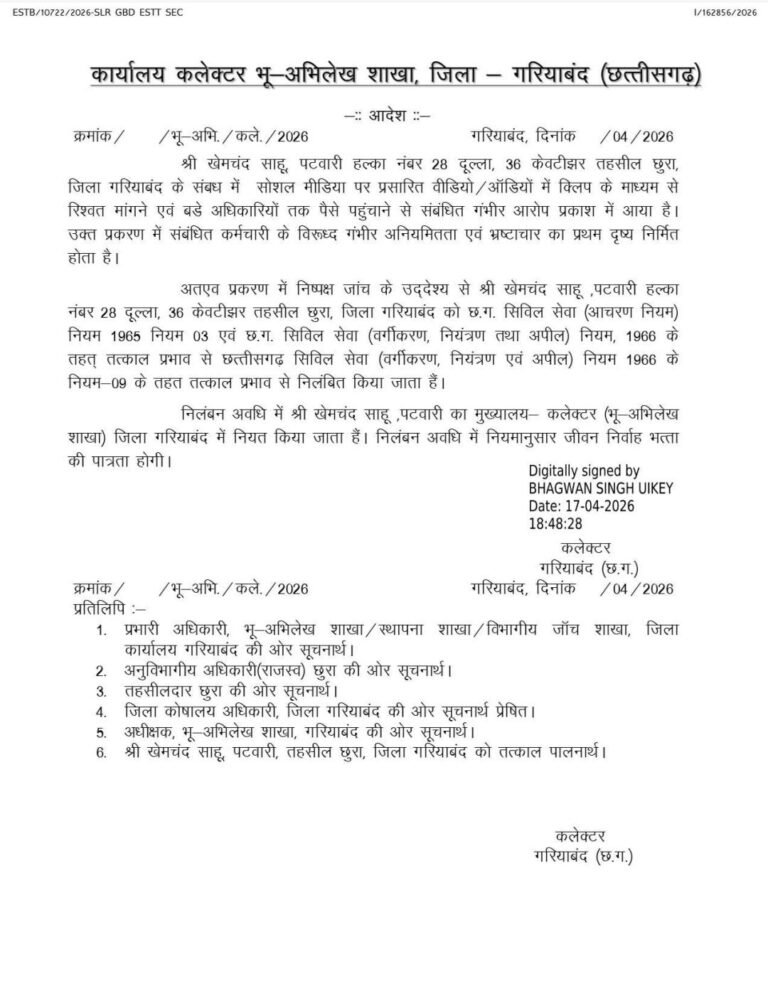 रिश्वतखोरी के आरोप में पटवारी खेमचंद साहू निलंबित