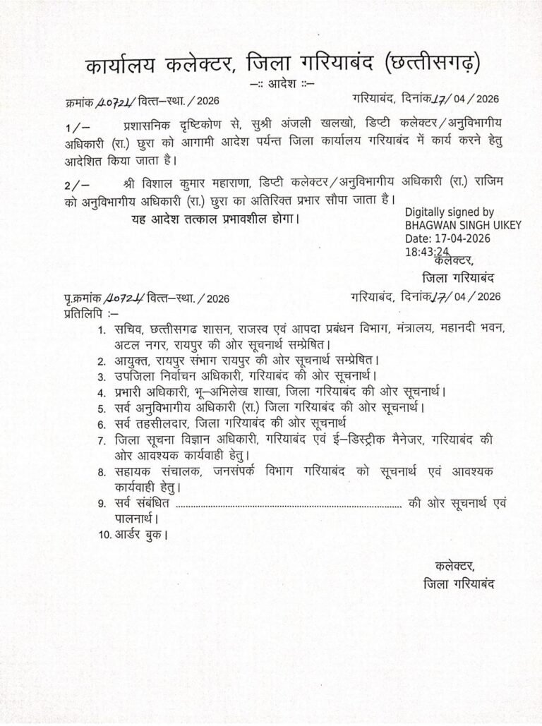 गरियाबंद में प्रशासनिक फेरबदल: अंजली खलखो जिला कार्यालय अटैच, विशाल महाराणा को छुरा एसडीएम का अतिरिक्त प्रभार