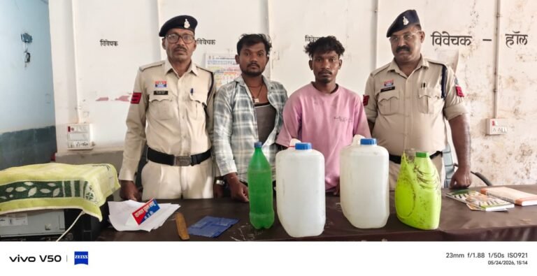 ग्राम धौराकोना में सीपत पुलिस की रेड 25लीटर अवैध महुआ शराब जब्त,दो आरोपी गिरफ्तार