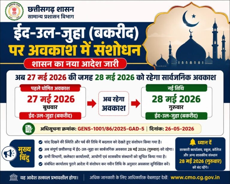 ईद-उल-जुहा पर 27 मई की छुट्टी रद्द, अब 28 मई को रहेगा सार्वजनिक अवकाश