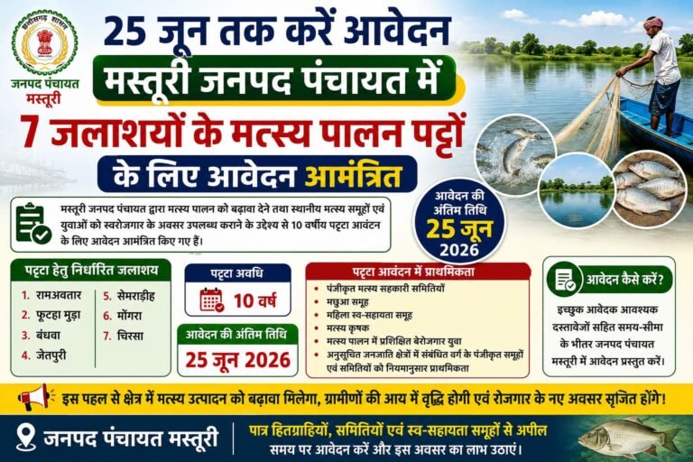 25 जून तक करें आवेदन : मस्तूरी जनपद पंचायत में 7 जलाशयों के मत्स्य पालन पट्टों के लिए आवेदन आमंत्रित