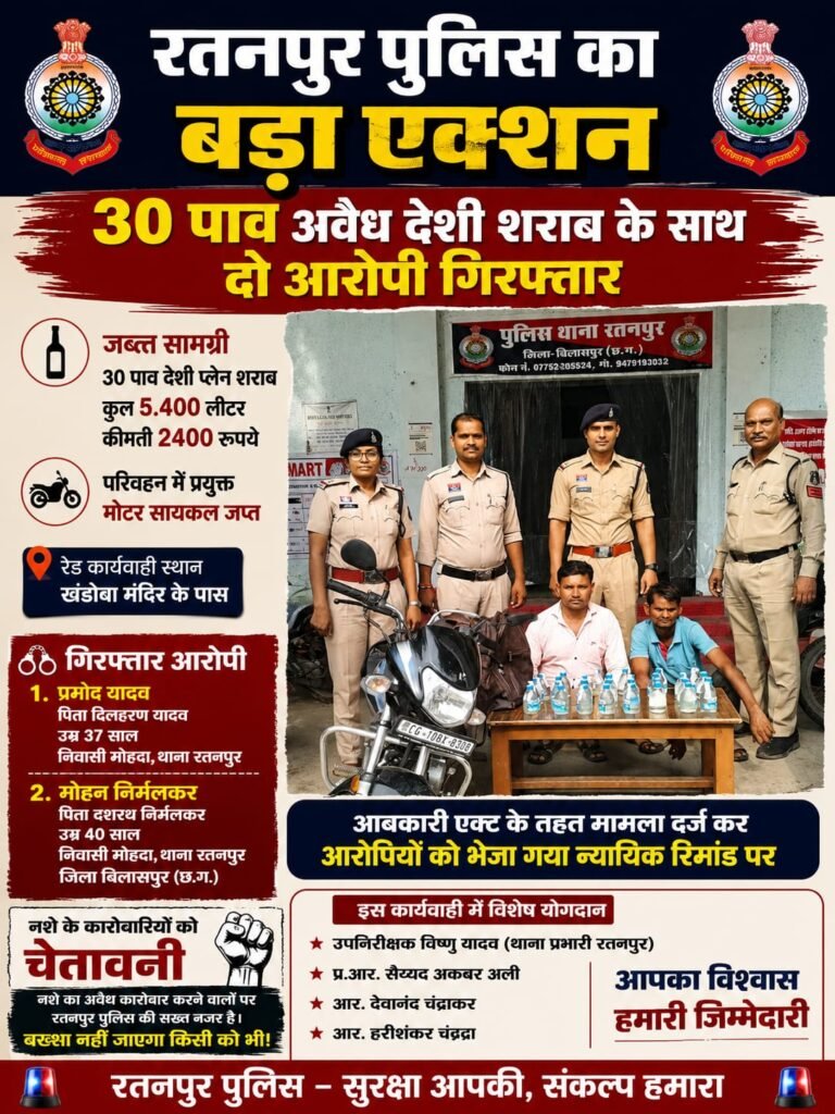 रतनपुर पुलिस की बड़ी कार्रवाई, 30 पाव देशी शराब के साथ दो आरोपी गिरफ्तार