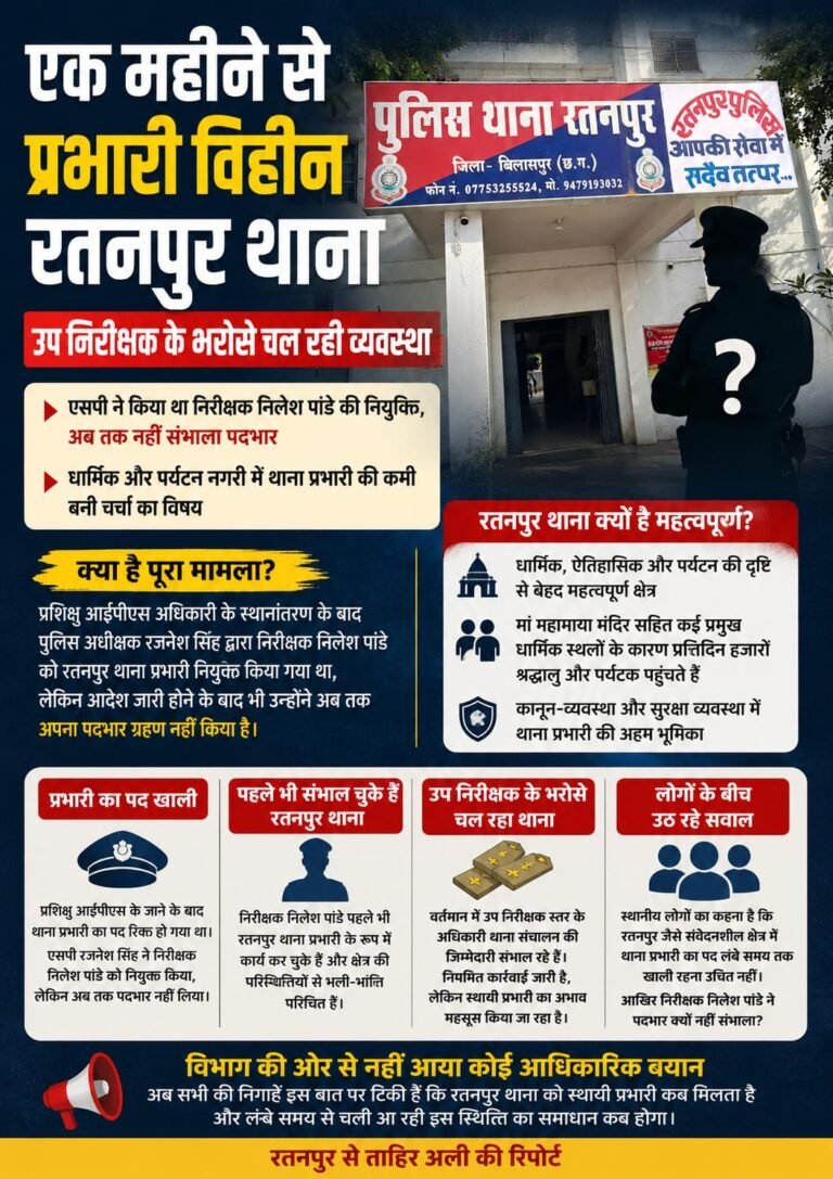 एक महीने से प्रभारी विहीन रतनपुर थाना, उप निरीक्षक के भरोसे चल रही व्यवस्था