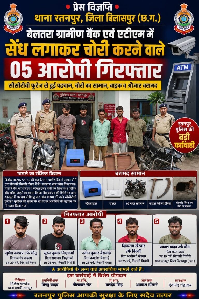 रतनपुर पुलिस की बड़ी कामयाबी, बैंक में सेंध लगाने वाले 5 आरोपी गिरफ्तार