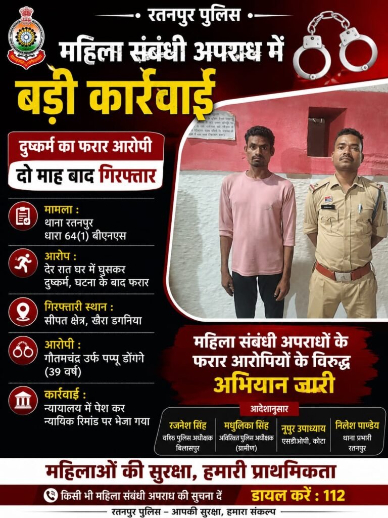 दुष्कर्म का फरार आरोपी दो माह बाद गिरफ्तार, रतनपुर पुलिस ने सीपत से दबोचा