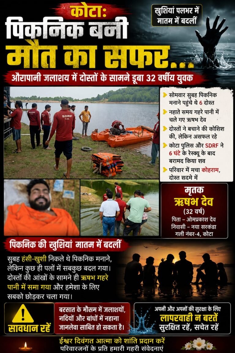 कोटा: पिकनिक बनी मौत का सफर, औरापानी जलाशय में डूबने से 32 वर्षीय युवक की मौत