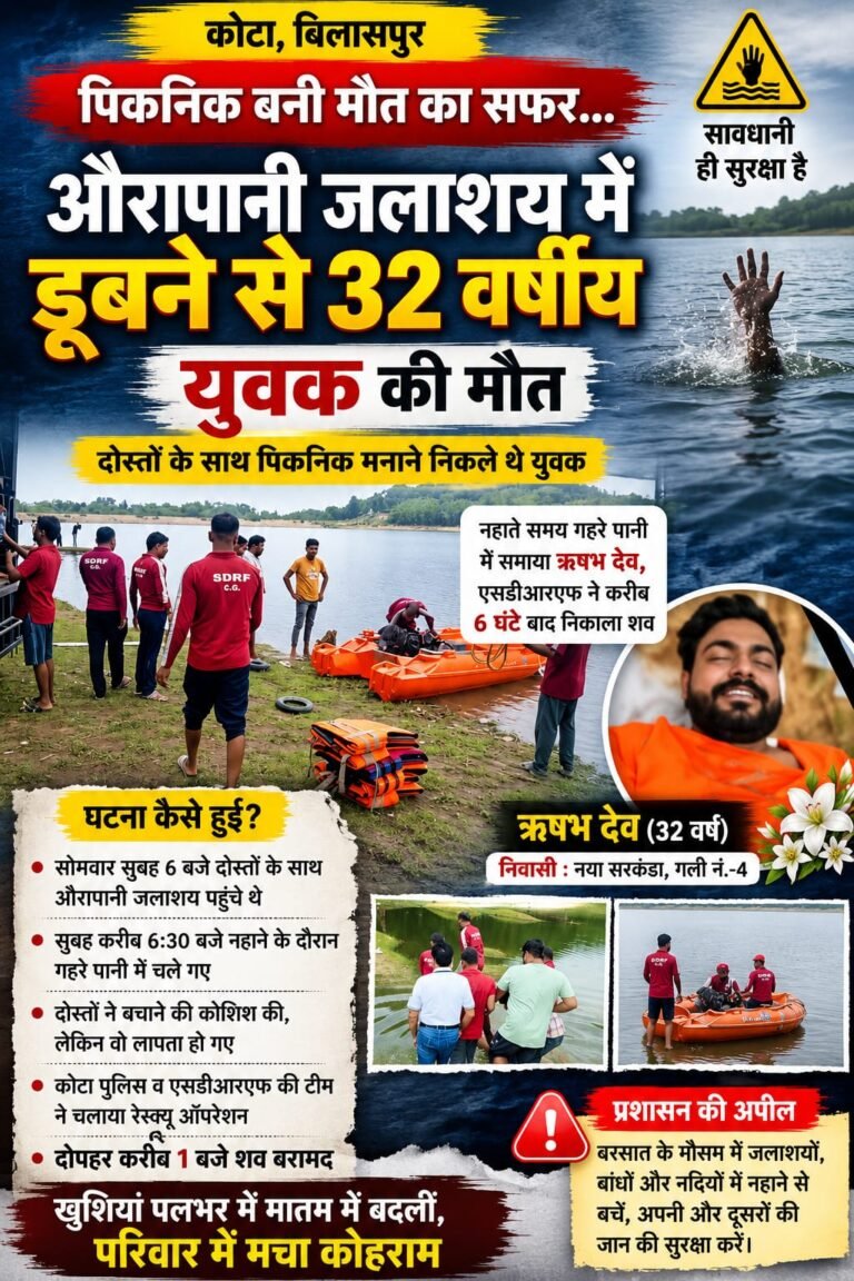 कोटा: पिकनिक बनी मौत का सफर, औरापानी जलाशय में डूबने से 32 वर्षीय युवक की मौत