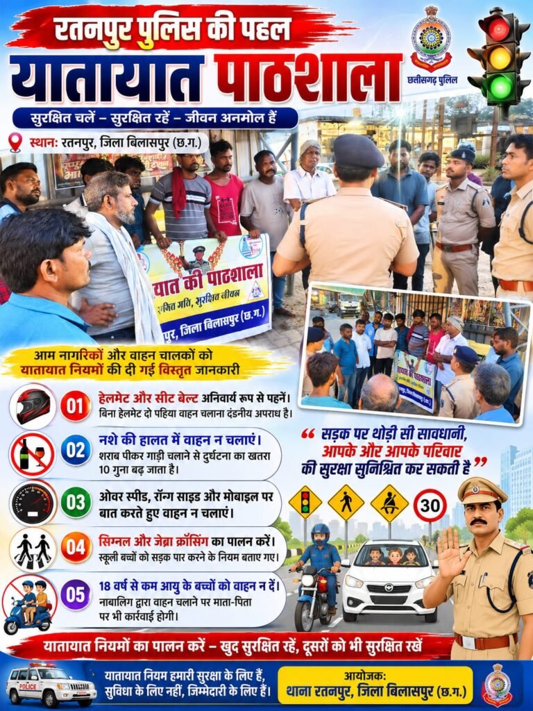 रतनपुर में लगी यातायात पाठशाला, पुलिस ने सिखाए सड़क सुरक्षा के नियम