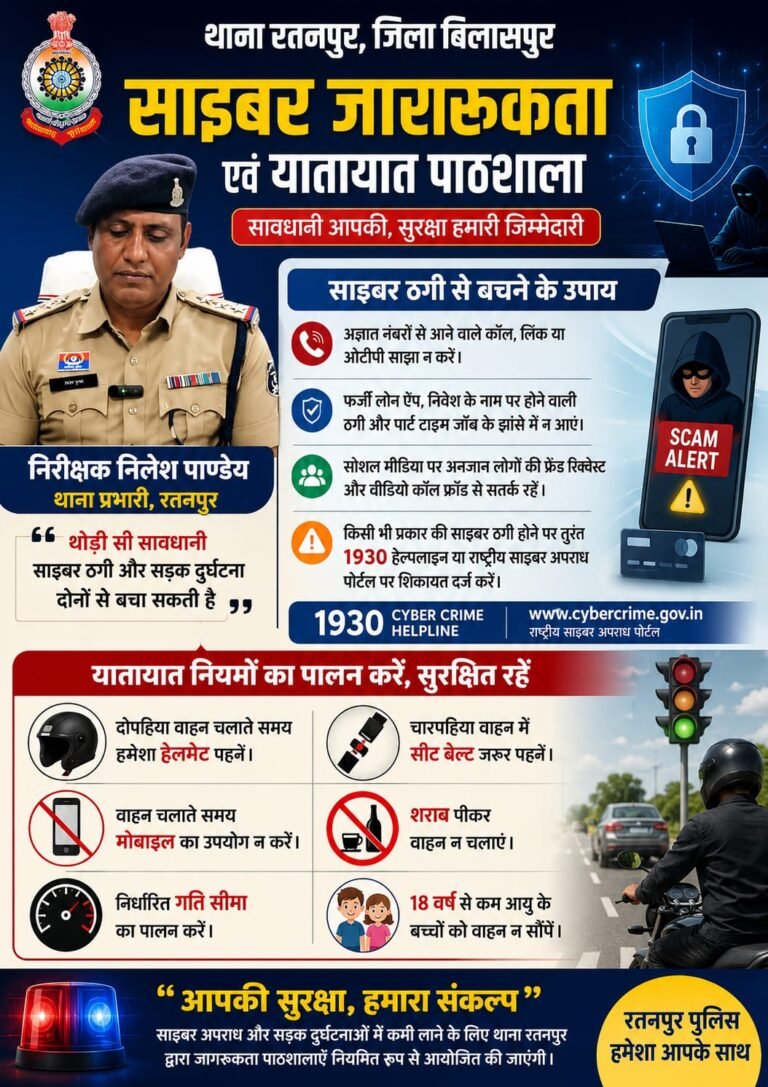 रतनपुर पुलिस की अनोखी पहल, साइबर सुरक्षा और ट्रैफिक नियमों पर किया जागरूक