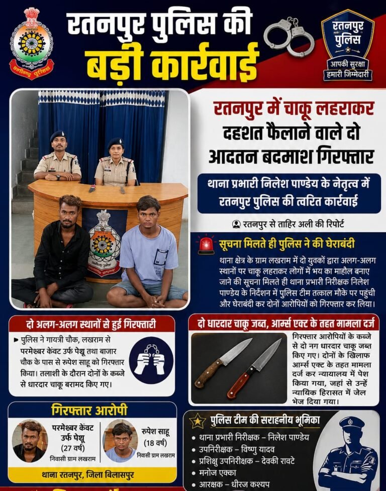 रतनपुर में चाकू लहराकर दहशत फैलाने वाले दो आदतन बदमाश गिरफ्तार
