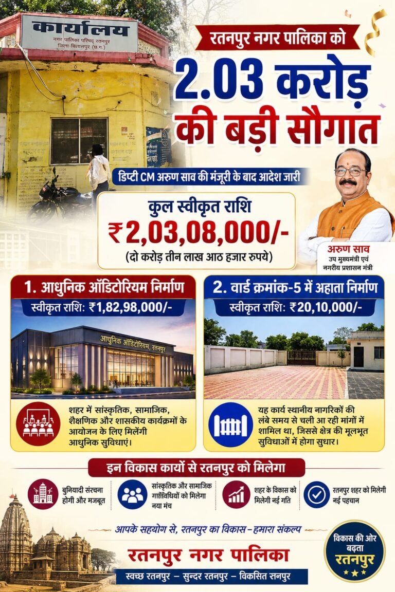 रतनपुर को 2.03 करोड़ की विकास सौगात, मॉडर्न ऑडिटोरियम निर्माण को मिली मंजूरी