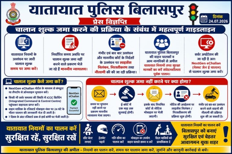 बिलासपुर यातायात पुलिस की बड़ी अपील, समय पर जमा करें ई-चालान, वरना पहुंचेगा कोर्ट मामला