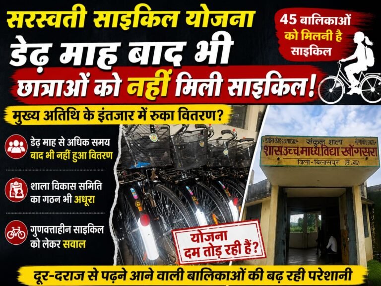 साइकिलें स्कूल में धूल खा रहीं… बेटियां रोज़ पैदल चल रहीं! डेढ़ माह बाद भी खोंगसरा स्कूल की 45 छात्राओं को नहीं मिला सरस्वती साइकिल योजना का लाभ, गुणवत्ता पर भी उठे सवाल