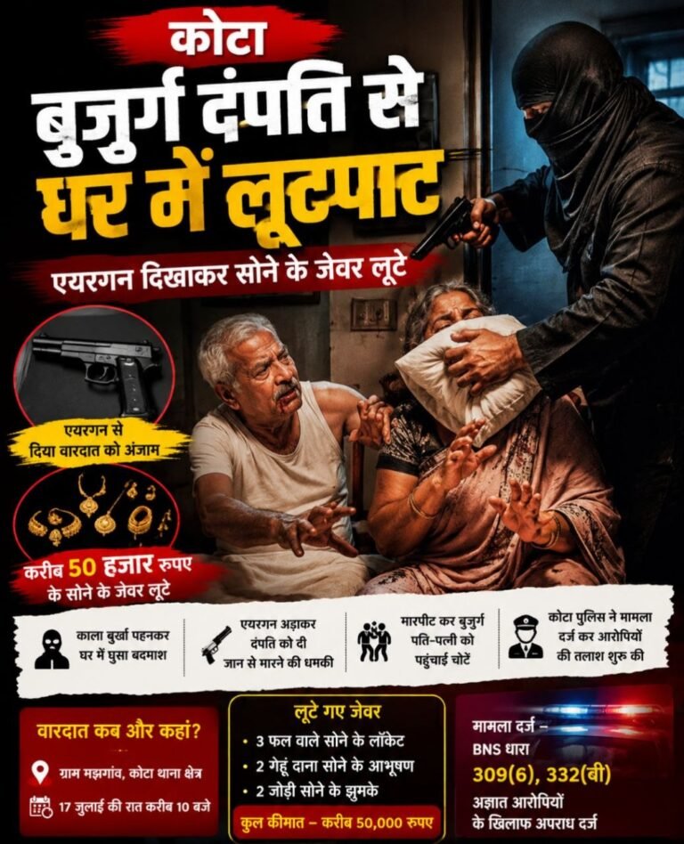 कोटा में देर रात बुजुर्ग दंपती के घर लूट, एयरगन के दम पर 50 हजार के सोने के जेवर लूटे