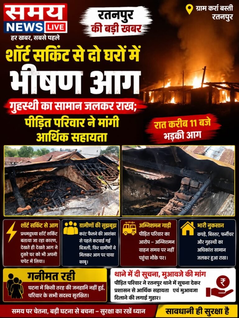 कर्रा बस्ती में आग का तांडव, दो घरों की गृहस्थी जलकर राख; मदद की गुहार