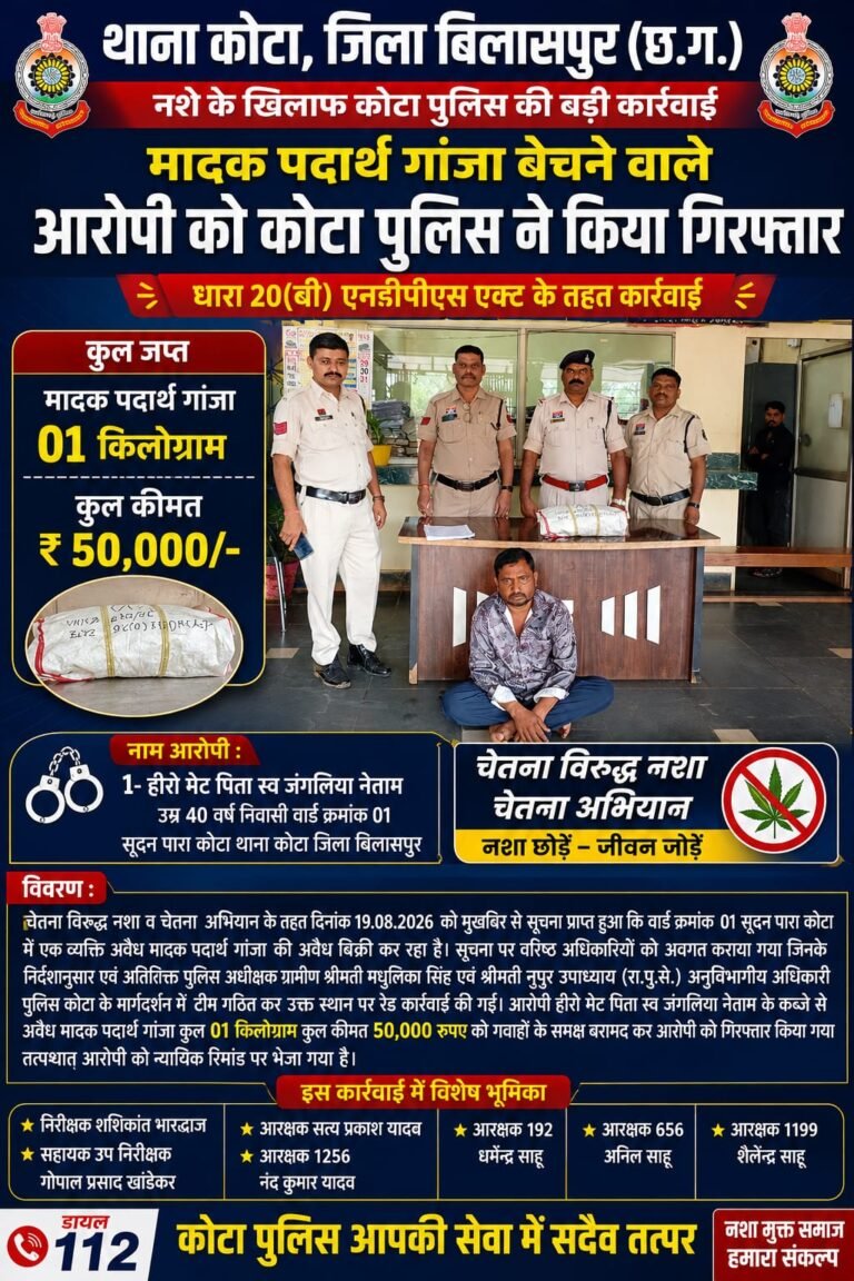 कोटा पुलिस की नशे के खिलाफ कार्रवाई, 1 किलो गांजा के साथ आरोपी गिरफ्तार