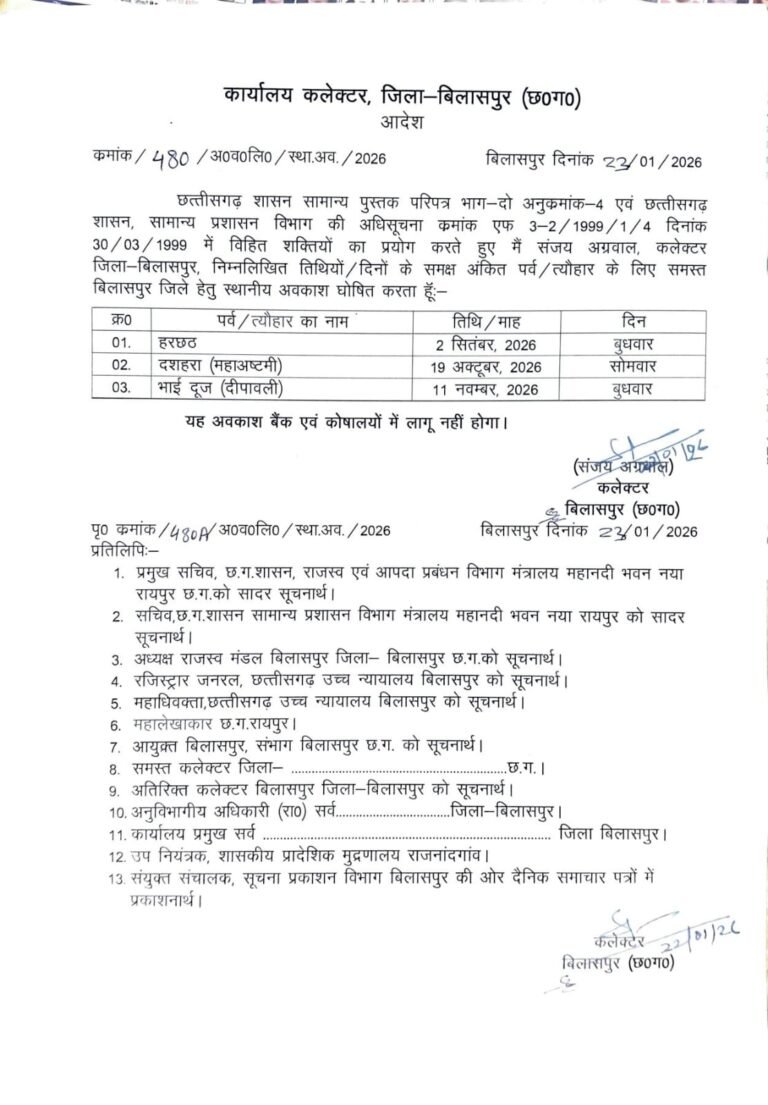 हलषष्ठी पर्व पर 2 सितंबर को बिलासपुर जिले में स्थानीय अवकाश