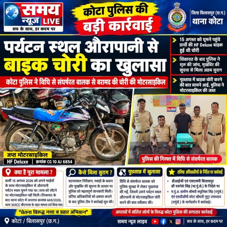 औरापानी पर्यटन स्थल से बाइक चोरी का खुलासा, कोटा पुलिस ने विधि से संघर्षरत बालक से बरामद की चोरी की मोटरसाइकिल