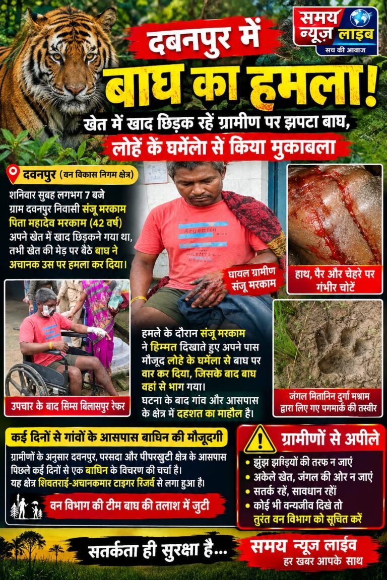 दवनपुर में खेत में खाद छिड़क रहे ग्रामीण पर बाघ का हमला, लोहे के घमेला से किया मुकाबला
