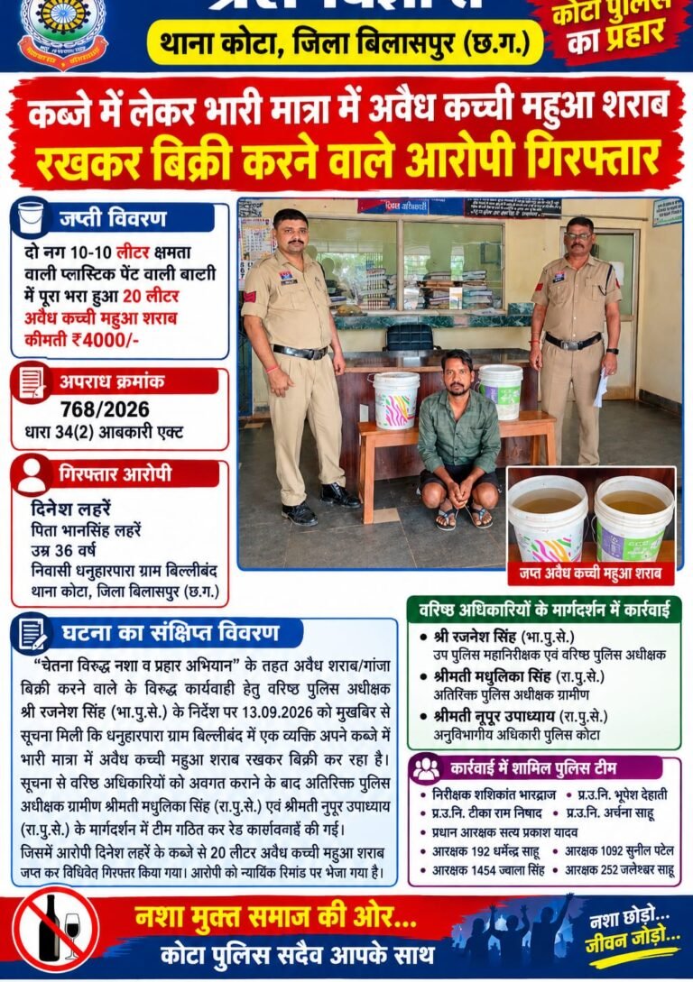 20 लीटर अवैध कच्ची महुआ शराब के साथ आरोपी गिरफ्तार, कोटा पुलिस का नशे के खिलाफ प्रहार