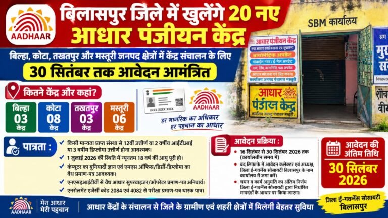 बिलासपुर जिले में खुलेंगे 20 नए आधार पंजीयन केंद्र, 30 सितंबर तक आवेदन आमंत्रित