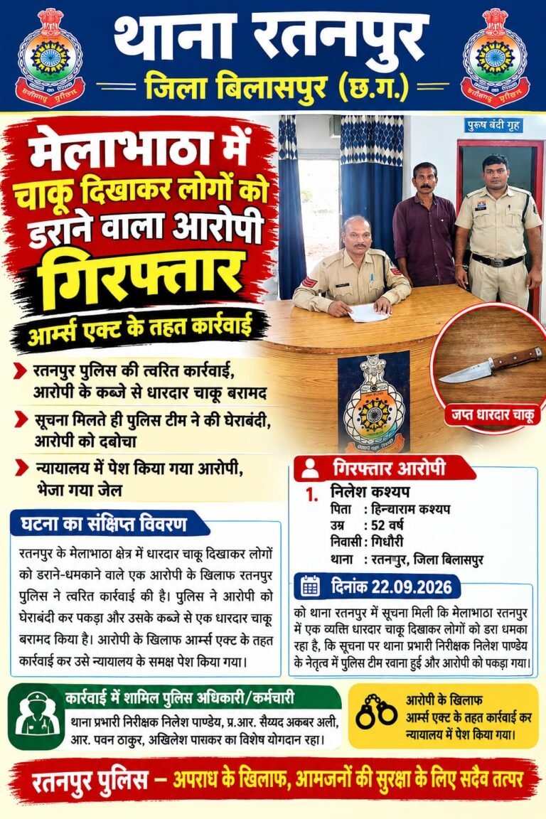 मेलाभाठा में चाकू दिखाकर लोगों को डराने वाला आरोपी गिरफ्तार, आर्म्स एक्ट के तहत कार्रवाई