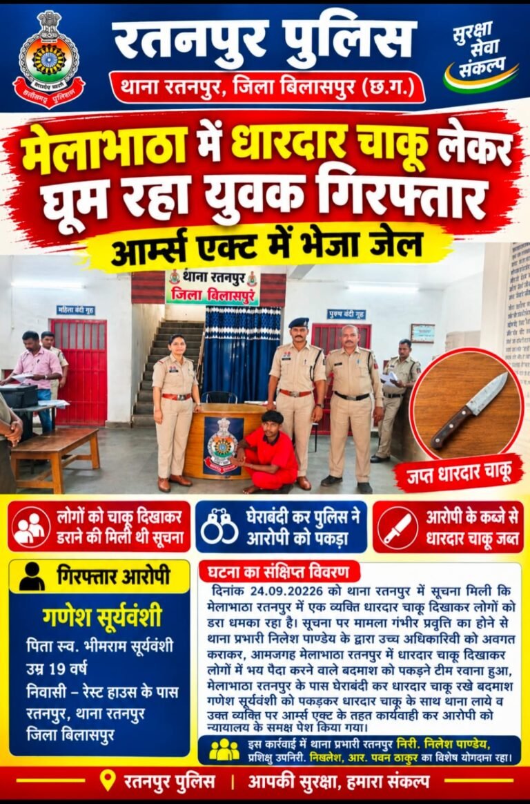 मेलाभाठा में धारदार चाकू लेकर घूम रहा युवक गिरफ्तार, आर्म्स एक्ट में भेजा जेल