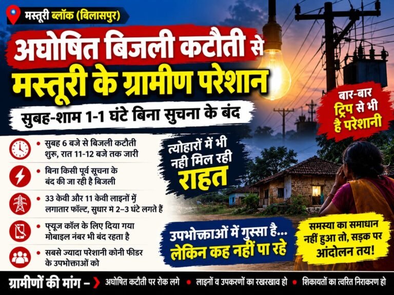 मस्तूरी में अघोषित बिजली कटौती से लोग परेशान, कोनी फीडर की समस्या से उपभोक्ता बेहाल
