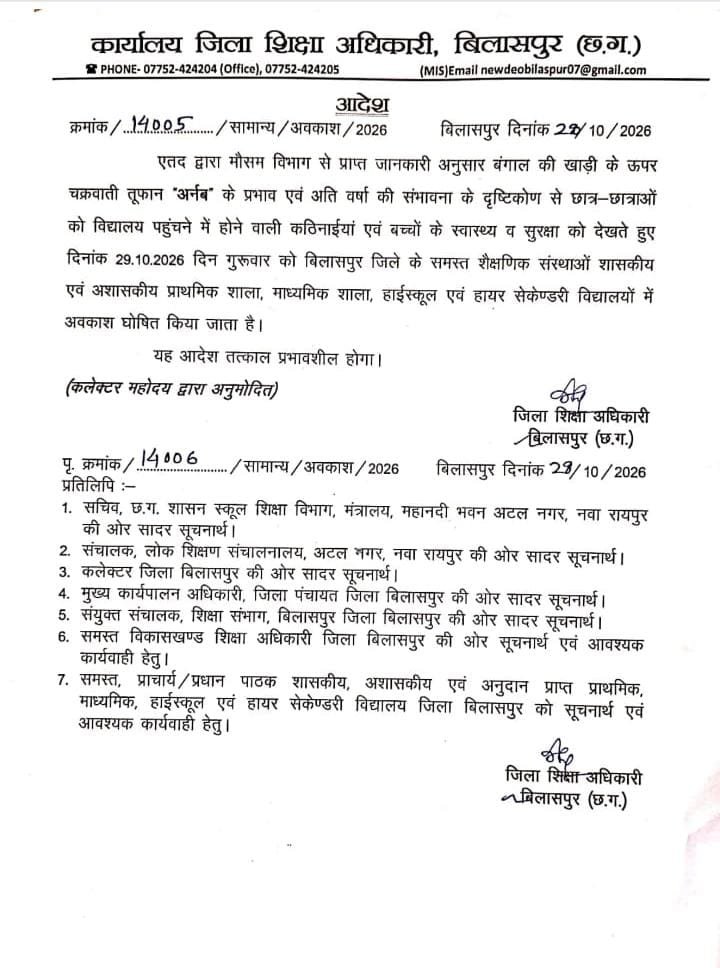 चक्रवाती तूफान ‘अर्नब’ का असर, बिलासपुर जिले के सभी स्कूलों में कल छुट्टी